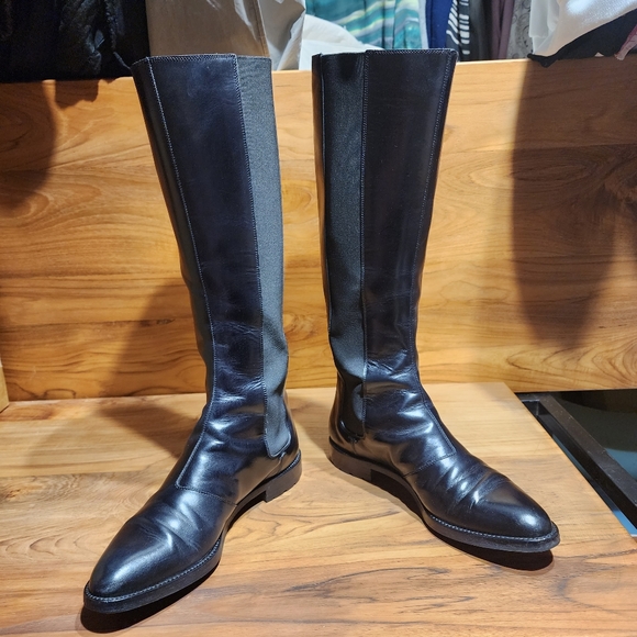 SERGIO ROSSI Black Leather And Elastic Detail Knee Length Boots Size 37½ - Picture 6 of 7